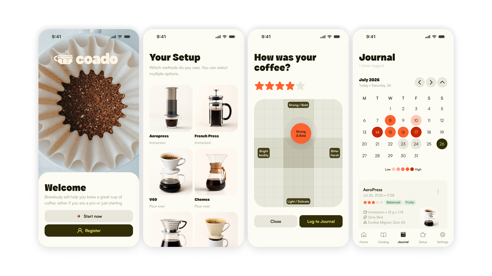 Coado on four phones: welcome, brew setup, taste rating, and journal.
